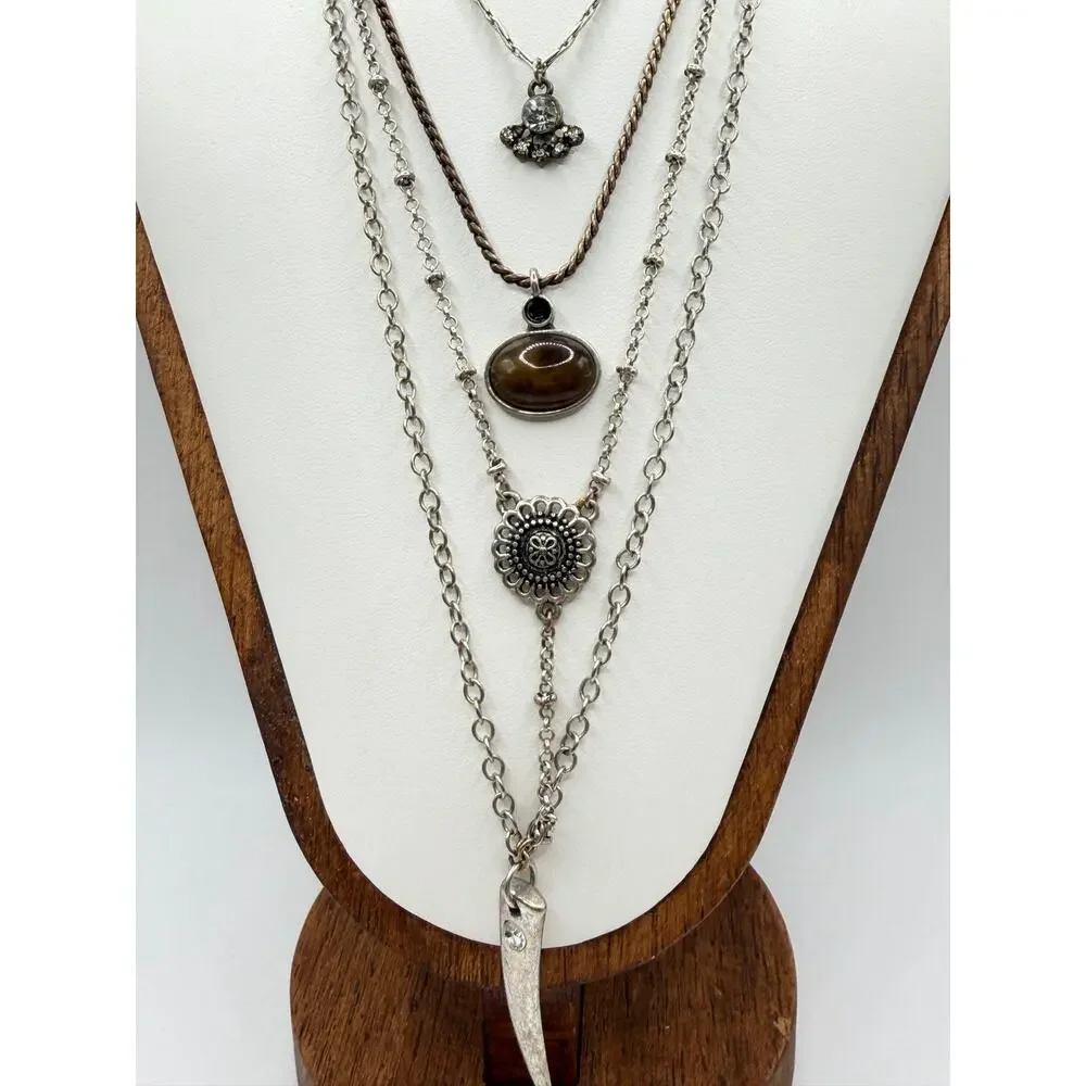 Y2K Layered Mixed Metal Charm Necklace | Faux Tiger Eye & Tusk Pendant